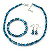 5mm, 7mm Teal Glass/Crystal Bead Necklace, Flex Bracelet & Drop Earrings Set In Silver Plating - 42cm L/ 5cm Ext