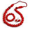 Red Wooden Bead Necklace, Flex Bracelet and Drop Earrings Set - 80cm Long