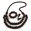 Chunky Brown Long Wooden Bead Necklace, Flex Bracelet and Drop Earrings Set - 90cm Long