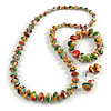 Multicoloured Wooden Bead Long Necklace, Drop Earrings, Flex Bracelet Set - 80cm Long