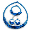 Ethnic Handmade Semiprecious Stone with Cotton Cord Necklace, Bracelet and Hoop Earrings Set In Blue - 56cm L