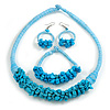 Ethnic Handmade Turquoise Stone with Cotton Cord Necklace, Bracelet and Hoop Earrings Set - 56cm L