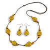 Dusty Yellow Ceramic Flower Bead Brown Cord Necklace and Drop Earrings Set/48cm L/Slight Variation In Colour/Natural Irregularities