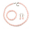 8mm/Glass Bead and Faux Pearl Necklace/Flex Bracelet/Drop Earrings Set in Pastel Pink Colours - 43cmL/4cm Ext