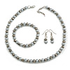 8mm/Hematite Glass Bead and Grey Faux Pearl Necklace/Flex Bracelet/Drop Earrings Set - 43cmL/4cm Ext