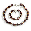 Simulated Pearl and Glass Bead Short Necklace & Bracelet Set in Brown/Bronze/38cm L/ 5cm Ext (Natural Irregularities)