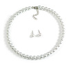 Classic White Faux Pearl Jewellery Set (Rigid Choker Style Necklace/Stud Earrings) - 39cm L/5cm Ext