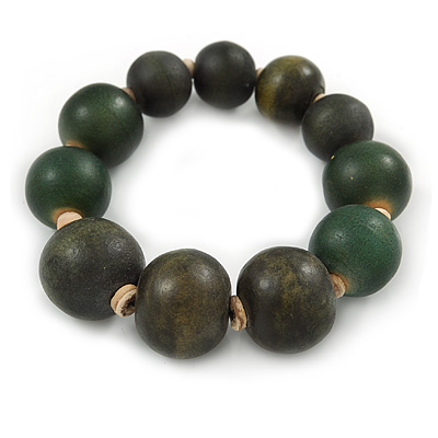 Dark Green Graduated Wood Bead Flex Bracelet - 18cm L