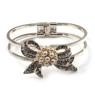 Prom Crystal Simulated Pearl Bow Hinged Bangle Bracelet (Silver Tone)
