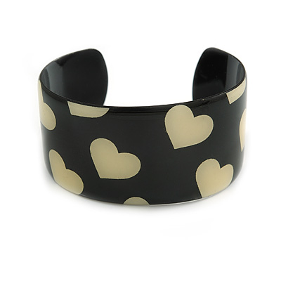 Black & Cream Metal Heart Cuff Bangle - up to 19cm length
