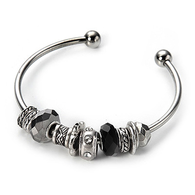 Silver Tone Black Glass & Metal Bead Cuff Bangle