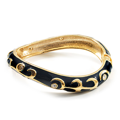Navy Blue Enamel Curvy Crystal Hinged Bangle (Gold Tone Finish)