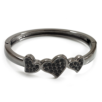 Gun Metal Diamante Heart Hinged Bangle Bracelet