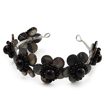 Slate Black Floral Shell Flex Cuff Bracelet