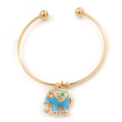 Gold Tone Slip-On Cuff Bracelet With A Light Blue Enamel Elephant Charm - 19cm L