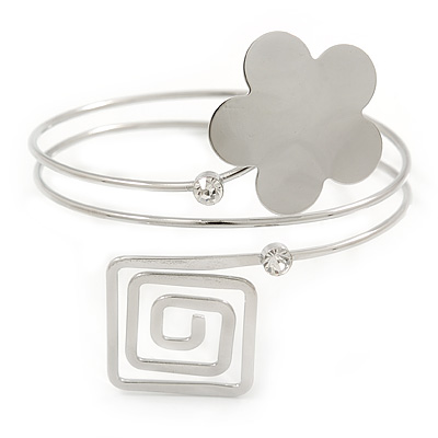 Silver Tone Flower And Square Crystal Upper Arm/ Armlet Bracelet - 26cm L