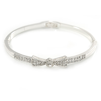 Rhodium Plated Clear Crystal Bow Bangle Bracelet - 18cm L