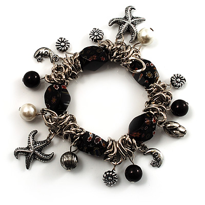 Black Vintage Charm Flex Bracelet (Burnished Silver Tone)