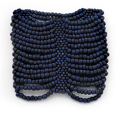 Wide Dark Blue Glass Bead Flex Bracelet - up to 19cm wrist