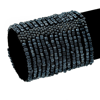 Wide Dark Grey Glass Bead Flex Bracelet - up to 19cm wrist