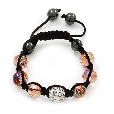 Transparent Pink & Clear Crystal Ball Beaded Bracelet -10mm - Adjustable