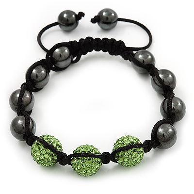 Hematite & Light Green Crystal Beaded Bracelet - Adjustable - 11mm Diameter