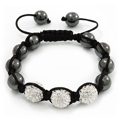 Hematite & Clear Crystal Beaded Bracelet - Adjustable - 11mm Diameter