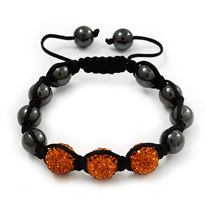 Hematite & Orange Crystal Beaded Bracelet - Adjustable - 11mm Diameter