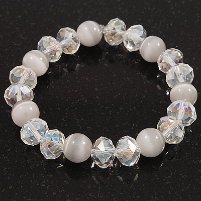 White/Transparent Glass Bead Flex Bracelet - 18cm Length - avalaya.com