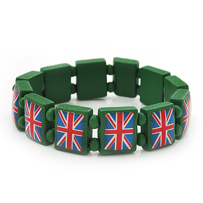 UK British Flag Union Jack Green Stretch Wooden Bracelet - up to 20cm length