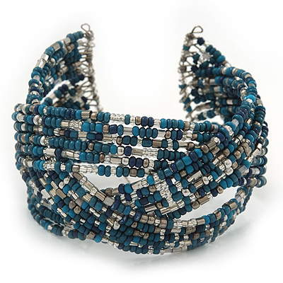 Boho Blue/ Silver/ Turquoise Coloured Glass Bead Plaited Flex Cuff ...