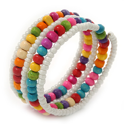Teen's White Glass/ Multicoloured Wood Bead Multistrand Flex Bracelet ...