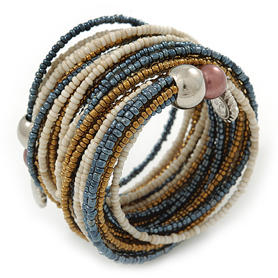 Multistrand White/ Bronze/ Hematite Glass Bead Wrap Flex Bracelet - 19cm L