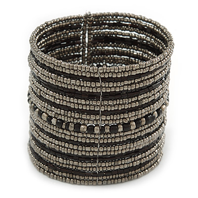 Wide Hematite/ Black Glass Bead Flex Bracelet - Adjustable - 60mm W