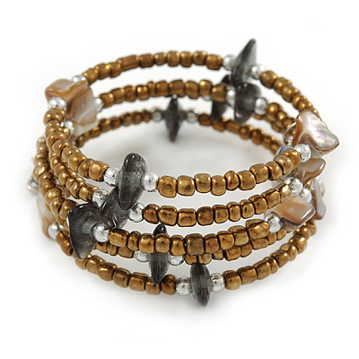 Bronze Glass Bead Grey/ Antique White Shell Nugget Multistrand Coiled Flex Bracelet - Adjustable