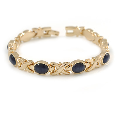 Plated Alloy Metal Blue Cat Eye Stone Ladies Magnetic Bracelet - 17cm Long