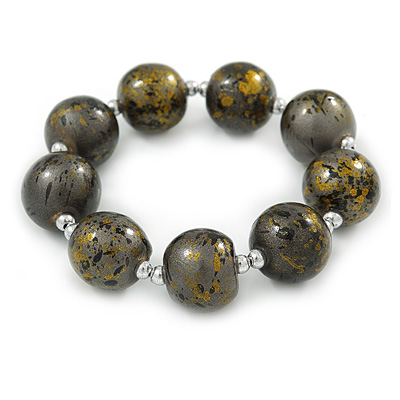 Chunky Wood Bead Flex Bracelet (Grey/ Black/ Gold) - 19cm L