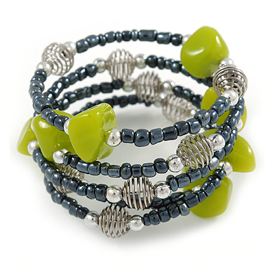 Peacock/ Grey Glass Bead Olive Green Glass Nugget Multistrand Coiled Flex Bracelet - Adjustable