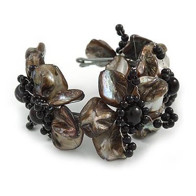 Black Shell Floral Flex Cuff Bracelet - Adjustable