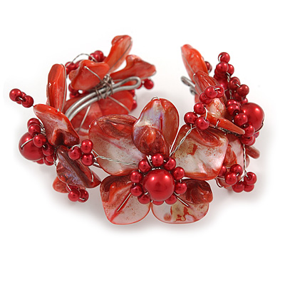 Stunning Red Shell, Faux Pearl Bead Floral Flex Cuff Bracelet - 19cm L