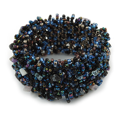 Stylish Peacock Glass Bead Flex Bracelet - 18cm L/ Medium