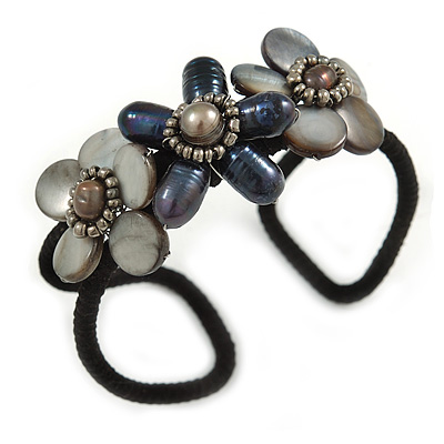 Romantic Shell, Freshwater Pearl Bead Floral Wired Cuff Bracelet - 18cm Long - Adjustable