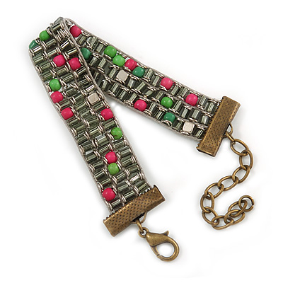 Stylish Glass Beaded Handmade Bracelet In Bronze Tone Metal - 14cm L/ 5cm Ext (For Small Wrist)