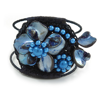 Dark Blue Shell Bead Flower Wired Flex Bracelet - Adjustable