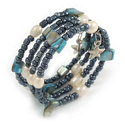 Multistrand Glass, Shell, Faux Pearl Bead Flex Bracelet (Hematite, Blue, Off White) - 17cm L