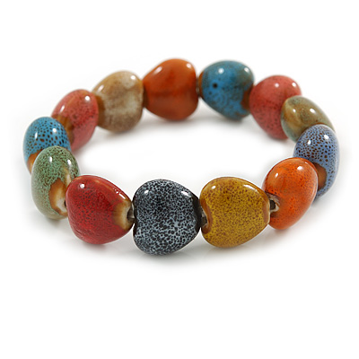 Multicoloured Ceramic Heart Bead Stretch Bracelet - 17cm L