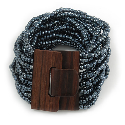 Anthracite/ Hematite Glass Bead Multistrand Flex Bracelet With Wooden Closure - 19cm L