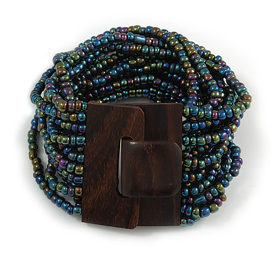 Peacock Glass Bead Multistrand Flex Bracelet With Wooden Closure - 19cm L