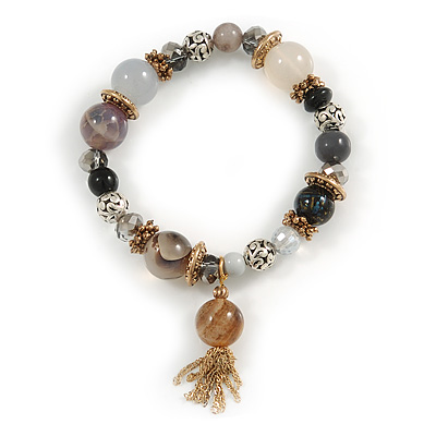Trendy Ceramic, Glass and Semiprecious Bead, Gold/ Silver Tone Metal Rings, Charm Flex Bracelet (Black, Grey) - 18cm L