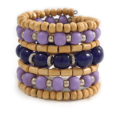 Wide Coiled Ceramic, Acrylic, Wood Bead Bracelet (Lavender, Dark Blue, Natural) - Adjustable
